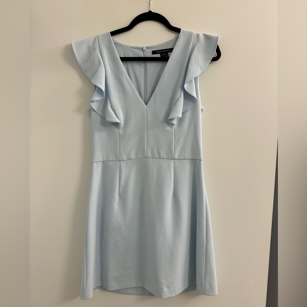 French Connection Blue Sheath Dress V-Neck Flutter Sleeves